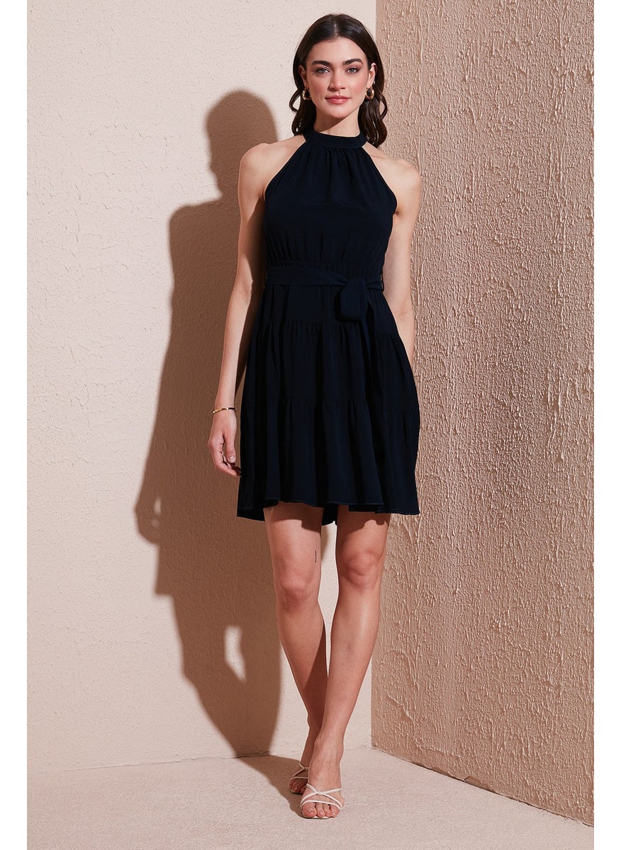 Pleated Regular Fit Halter Neck Mini Length Belted Dress Women's Dress 6772041