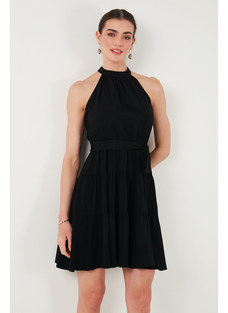 Pleated Regular Fit Halter Neck Mini Length Belted Dress Women's Dress 6772041