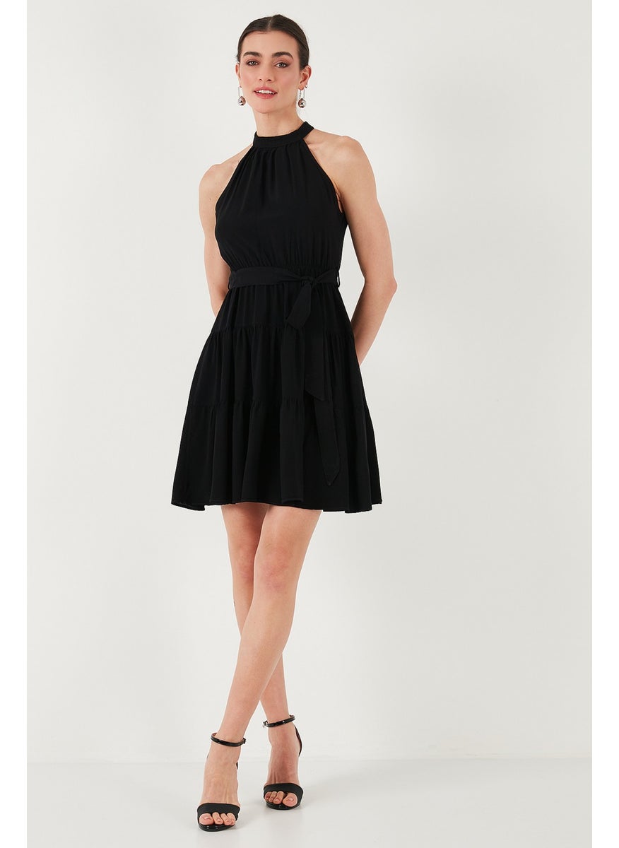 Pleated Regular Fit Halter Neck Mini Length Belted Dress Women's Dress 6772041