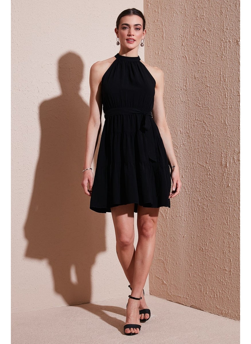 Pleated Regular Fit Halter Neck Mini Length Belted Dress Women's Dress 6772041