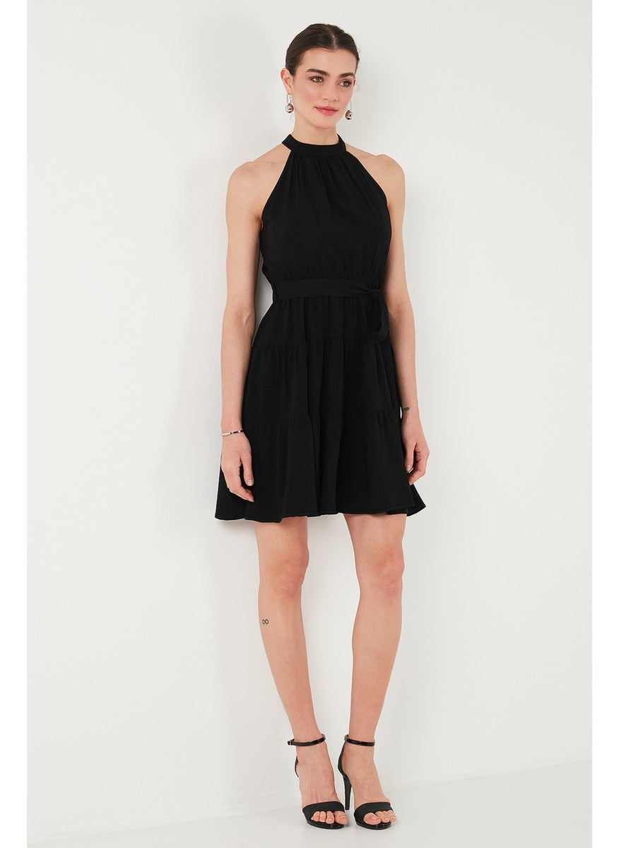 Pleated Regular Fit Halter Neck Mini Length Belted Dress Women's Dress 6772041