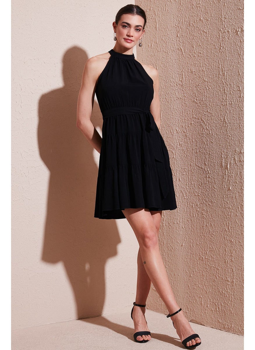Pleated Regular Fit Halter Neck Mini Length Belted Dress Women's Dress 6772041