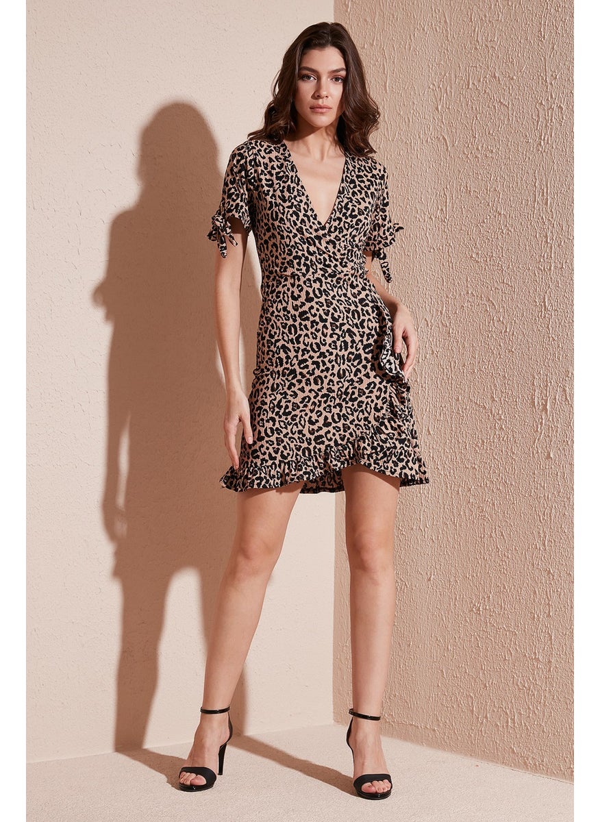 Slim Cut Double Breasted Collar Ruffle Detailed Mini Dress Women's Dress 5863719