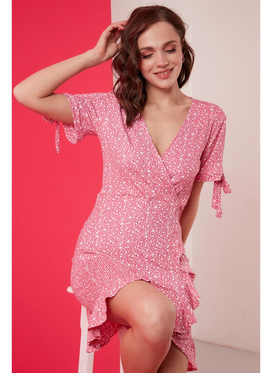 Floral Double Breasted Collar Ruffle Detailed Mini Dress Women's Dress 5863719