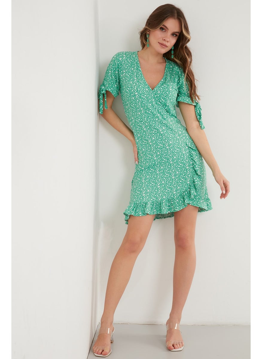 Floral Double Breasted Collar Ruffle Detailed Mini Dress Women's Dress 5863719