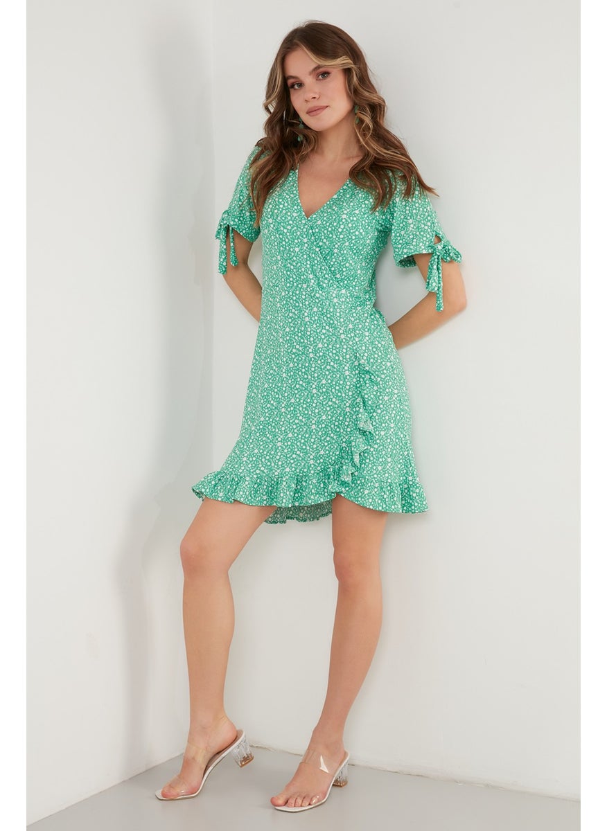 Floral Double Breasted Collar Ruffle Detailed Mini Dress Women's Dress 5863719