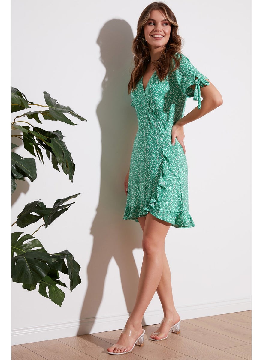 Floral Double Breasted Collar Ruffle Detailed Mini Dress Women's Dress 5863719