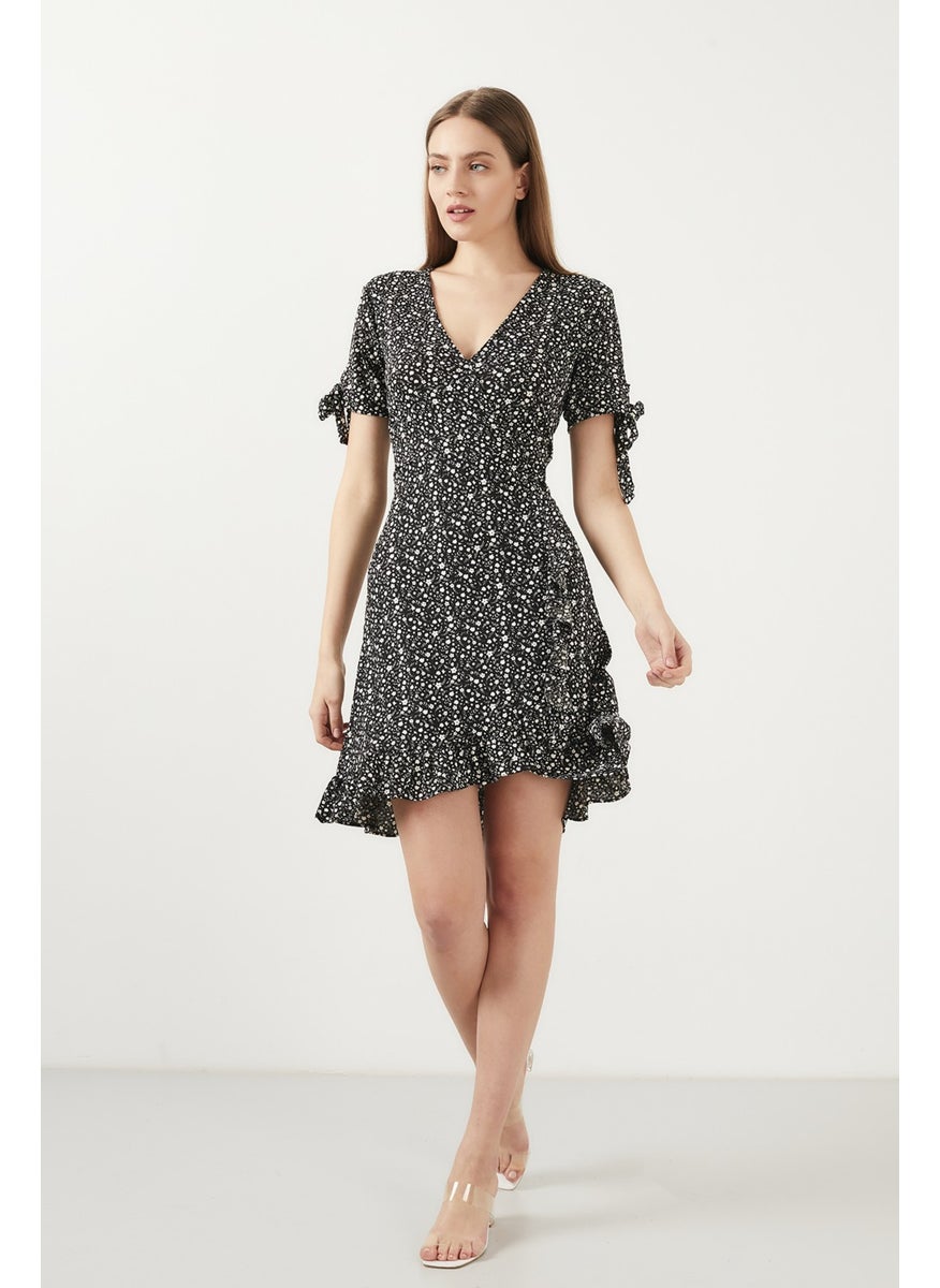 Floral V-Neck Ruffle Detailed Mini Dress Women's Dress 5863719