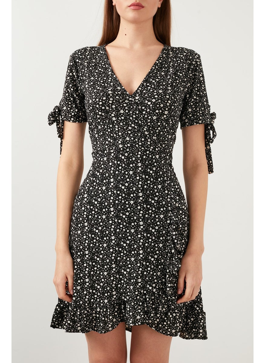 Floral V-Neck Ruffle Detailed Mini Dress Women's Dress 5863719