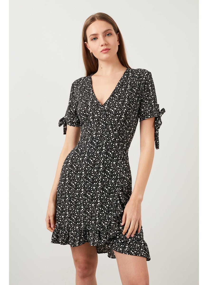 Floral V-Neck Ruffle Detailed Mini Dress Women's Dress 5863719