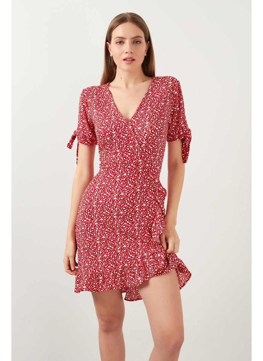 Floral V-Neck Ruffle Detailed Mini Dress Women's Dress 5863719