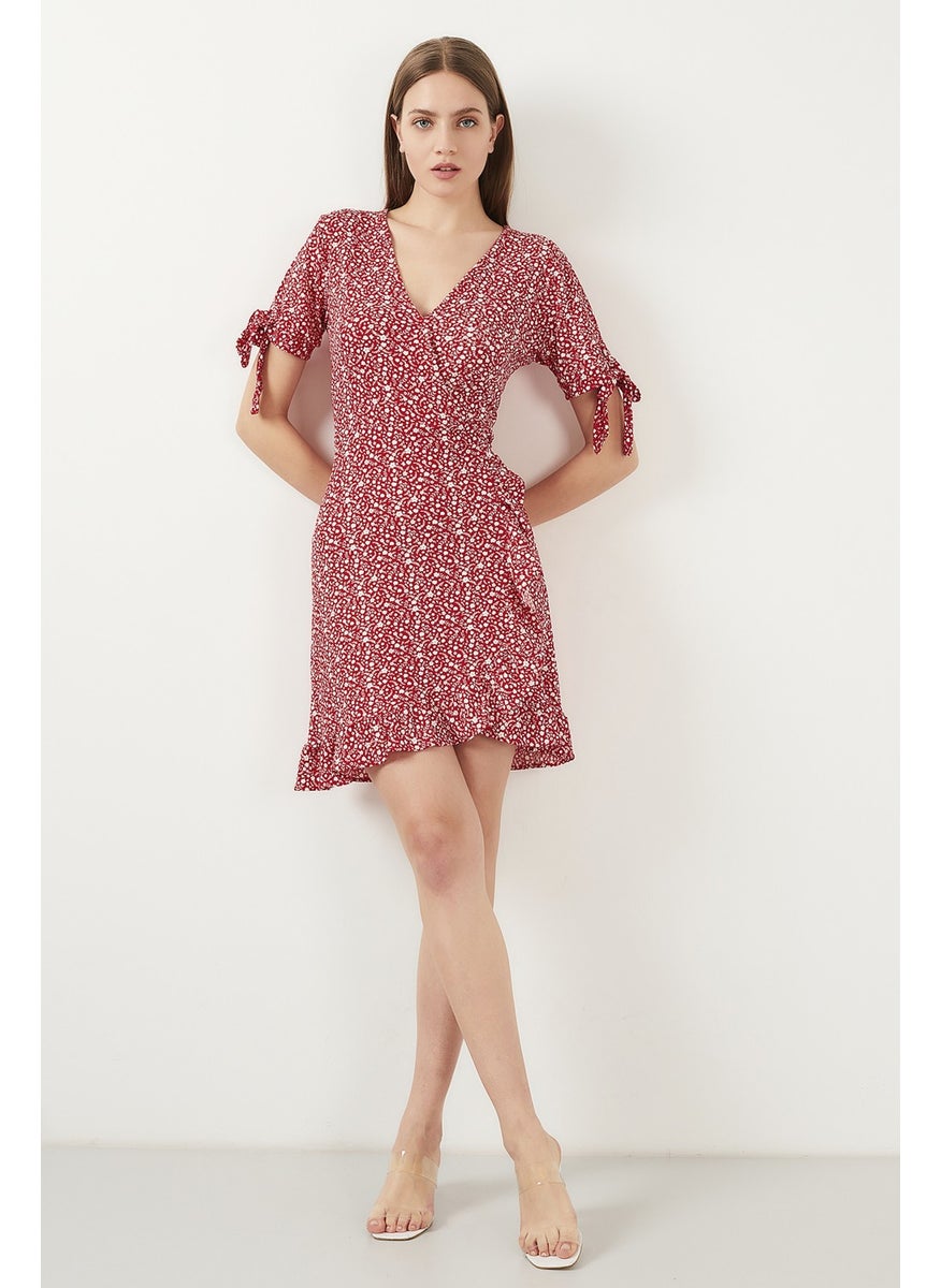 Floral V-Neck Ruffle Detailed Mini Dress Women's Dress 5863719