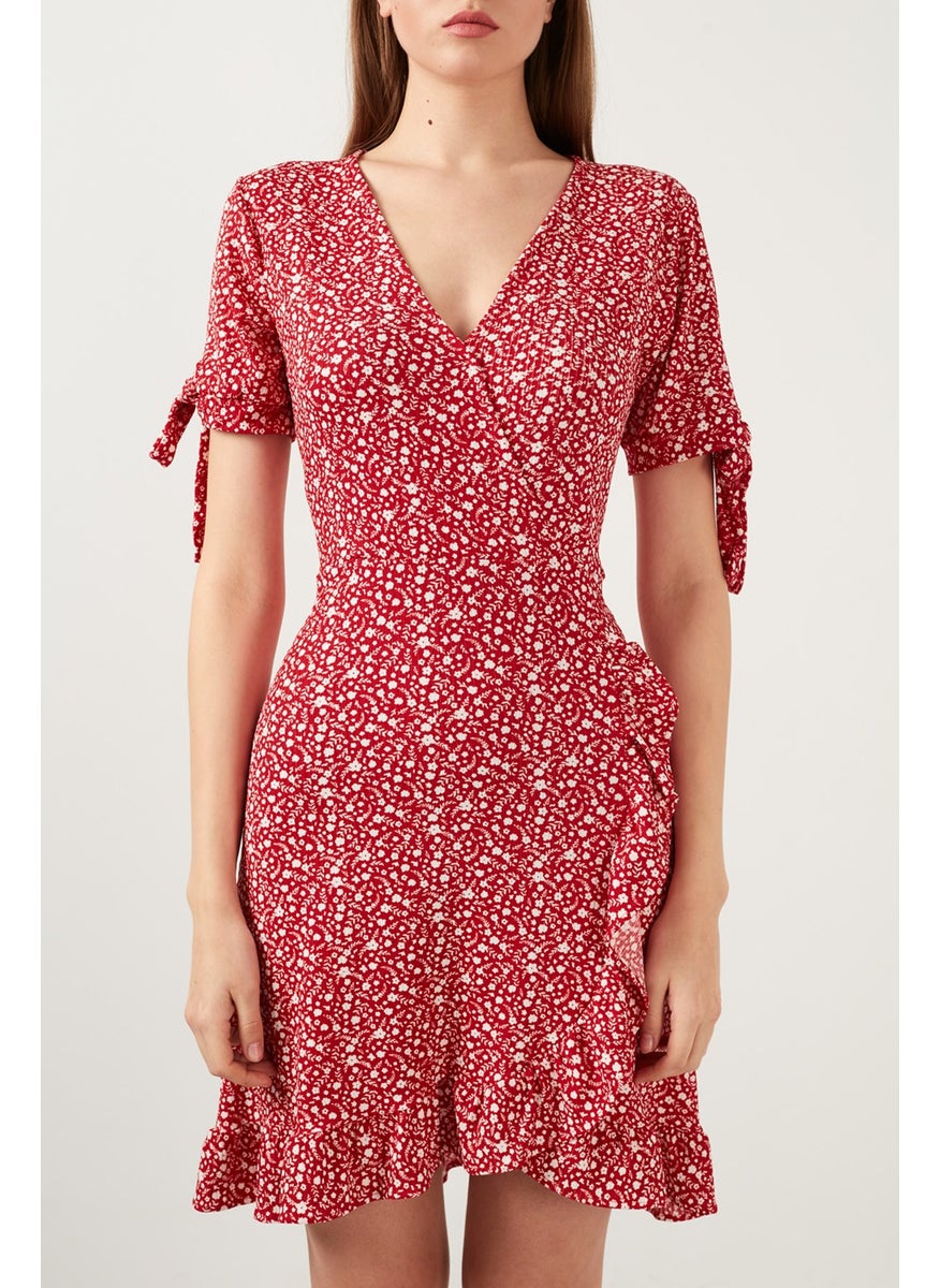 Floral V-Neck Ruffle Detailed Mini Dress Women's Dress 5863719