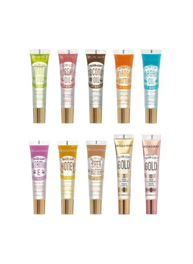 Broadway Vita-Lip Clear Lip Gloss (10 Pack), Ultra-Hydrating & Soothing Formula with Vitamins, High-Shine Non-Sticky Finish Lip Balm with Mint, Rosehip, Coconut, Mango, Argan, Honey, Shea