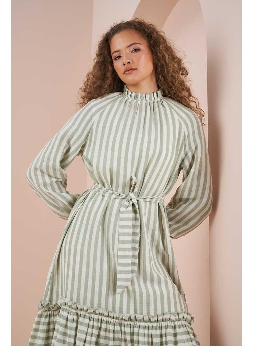 Green Muslin Dress with Ruffle Hem and Thin Stripes