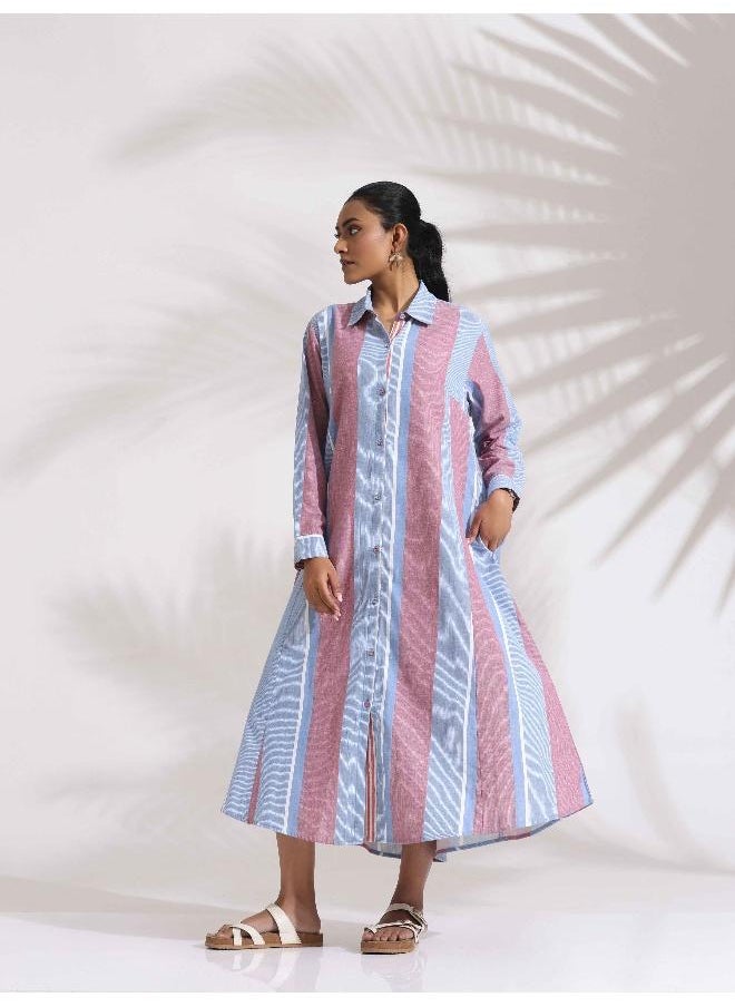 Blue Cotton Stripe Flared Shirt Dress