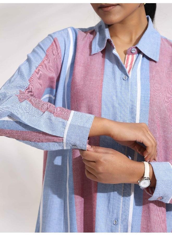 Blue Cotton Stripe Flared Shirt Dress