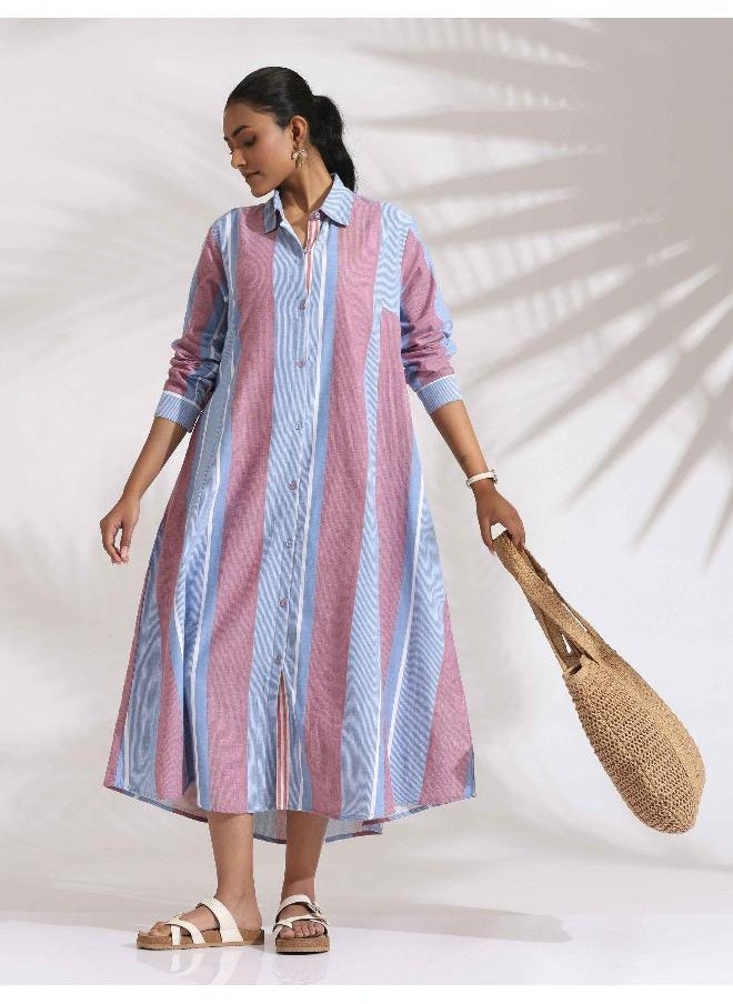 Blue Cotton Stripe Flared Shirt Dress