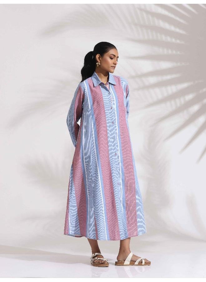 Blue Cotton Stripe Flared Shirt Dress