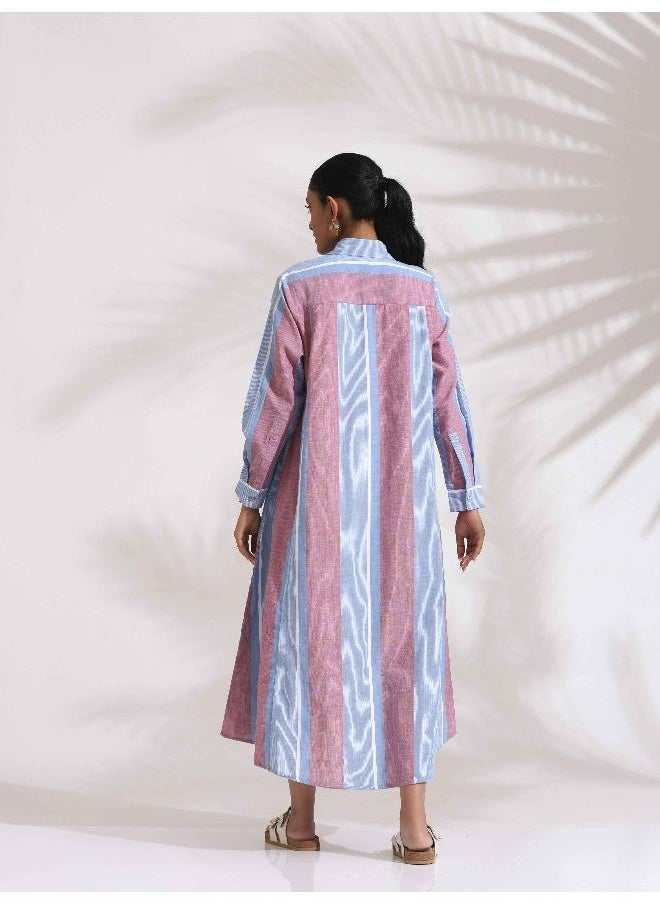 Blue Cotton Stripe Flared Shirt Dress