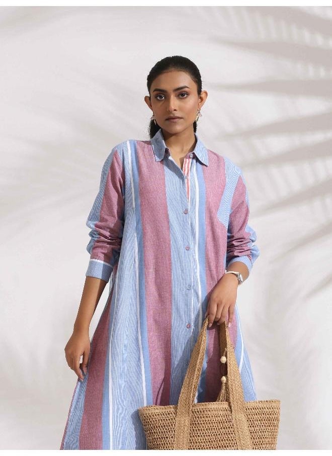 Blue Cotton Stripe Flared Shirt Dress