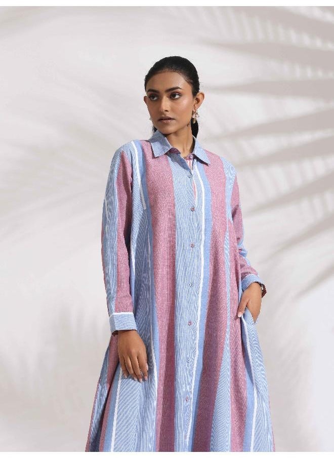 Blue Cotton Stripe Flared Shirt Dress