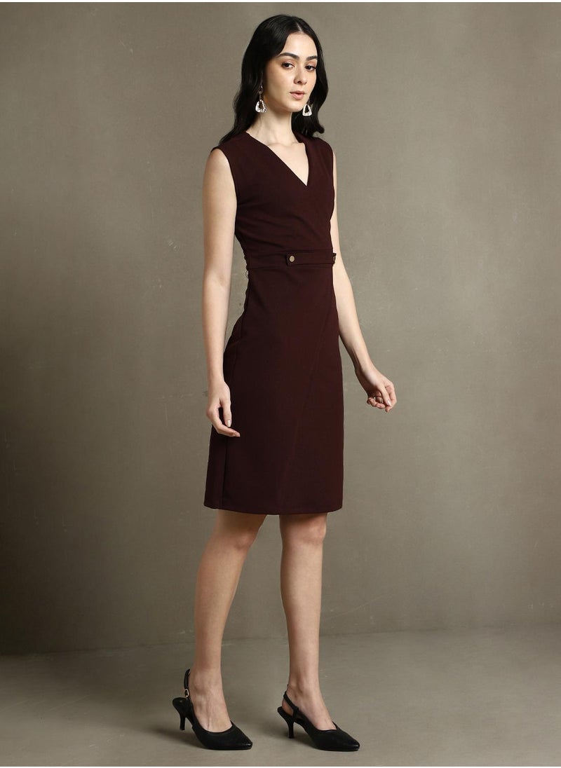 Women's Wine 100% Polyester Solid Regular Fit Dress