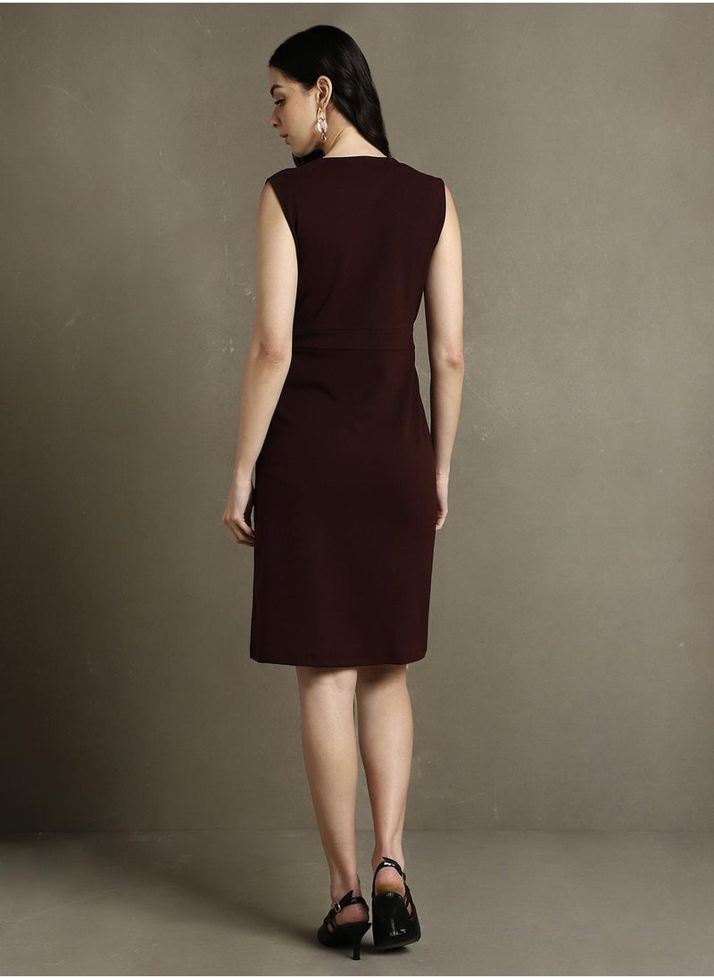 Women's Wine 100% Polyester Solid Regular Fit Dress