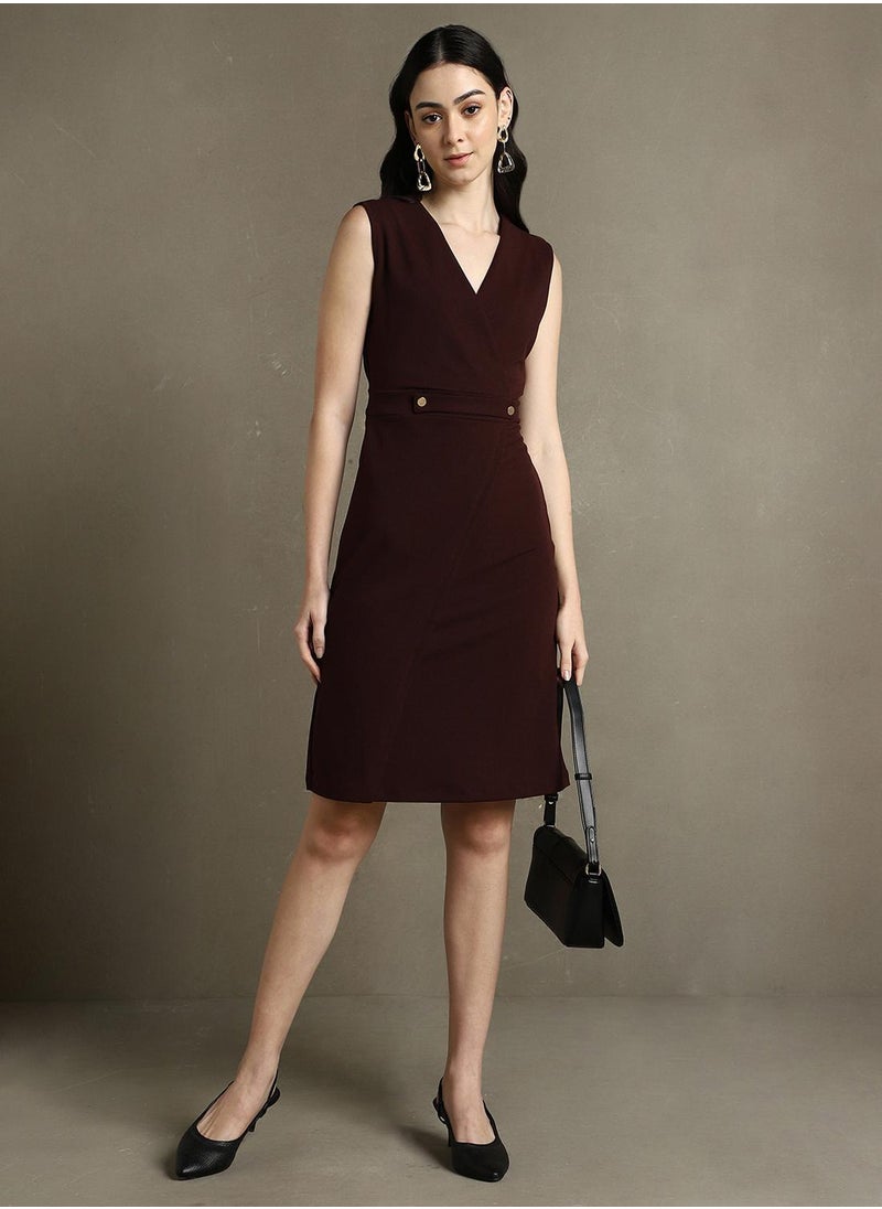 Women's Wine 100% Polyester Solid Regular Fit Dress