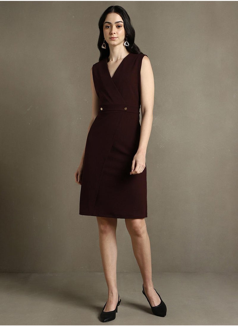 Women's Wine 100% Polyester Solid Regular Fit Dress