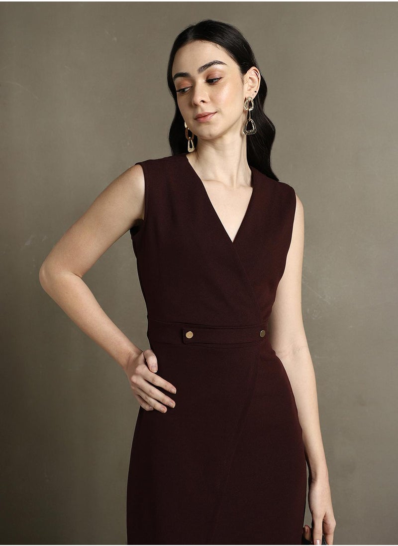 Women's Wine 100% Polyester Solid Regular Fit Dress