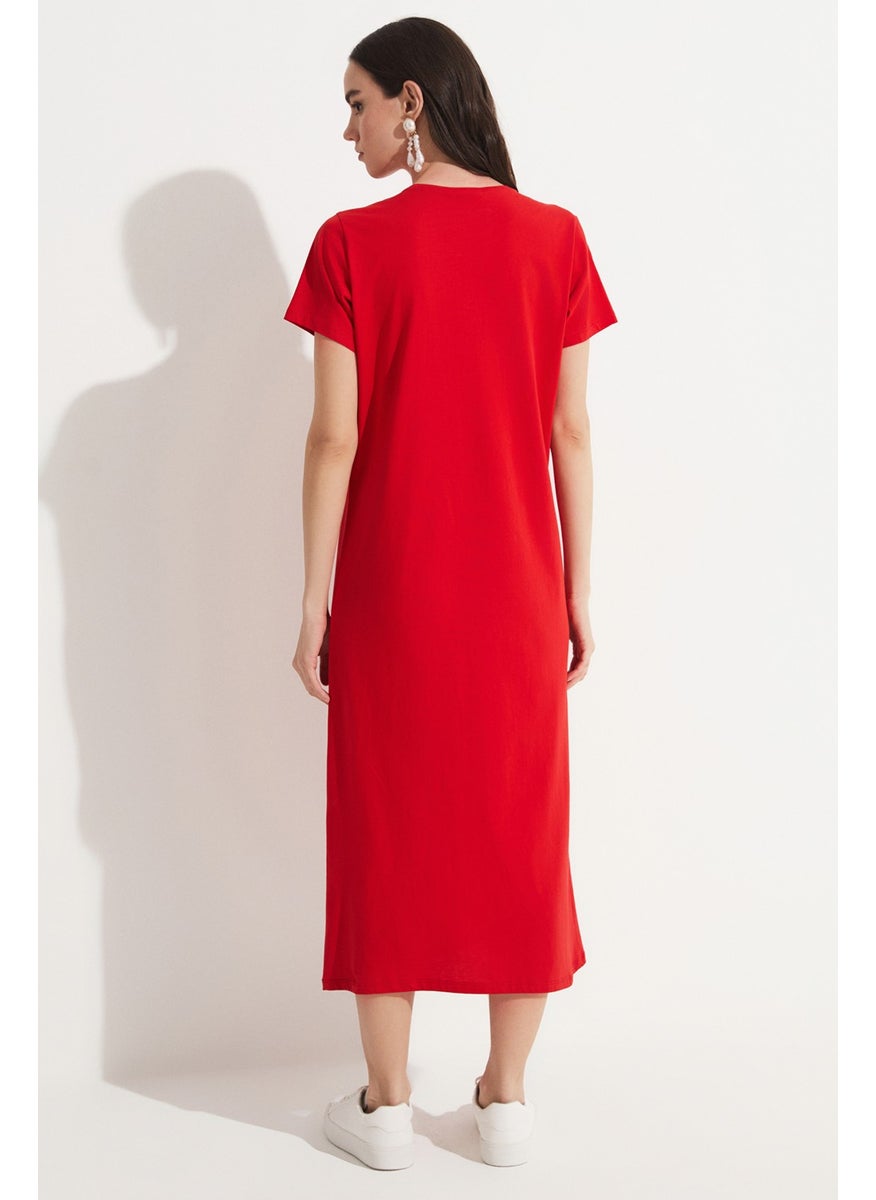 Women's Straight Cut Crew Neck Short Sleeve Long Knitted Dress