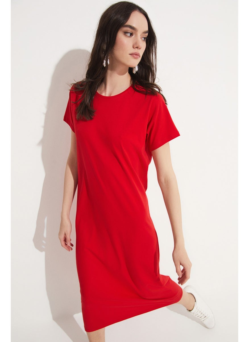 Women's Straight Cut Crew Neck Short Sleeve Long Knitted Dress