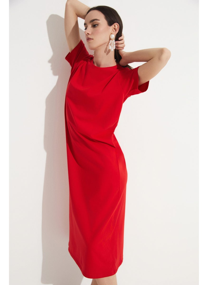 Women's Straight Cut Crew Neck Short Sleeve Long Knitted Dress