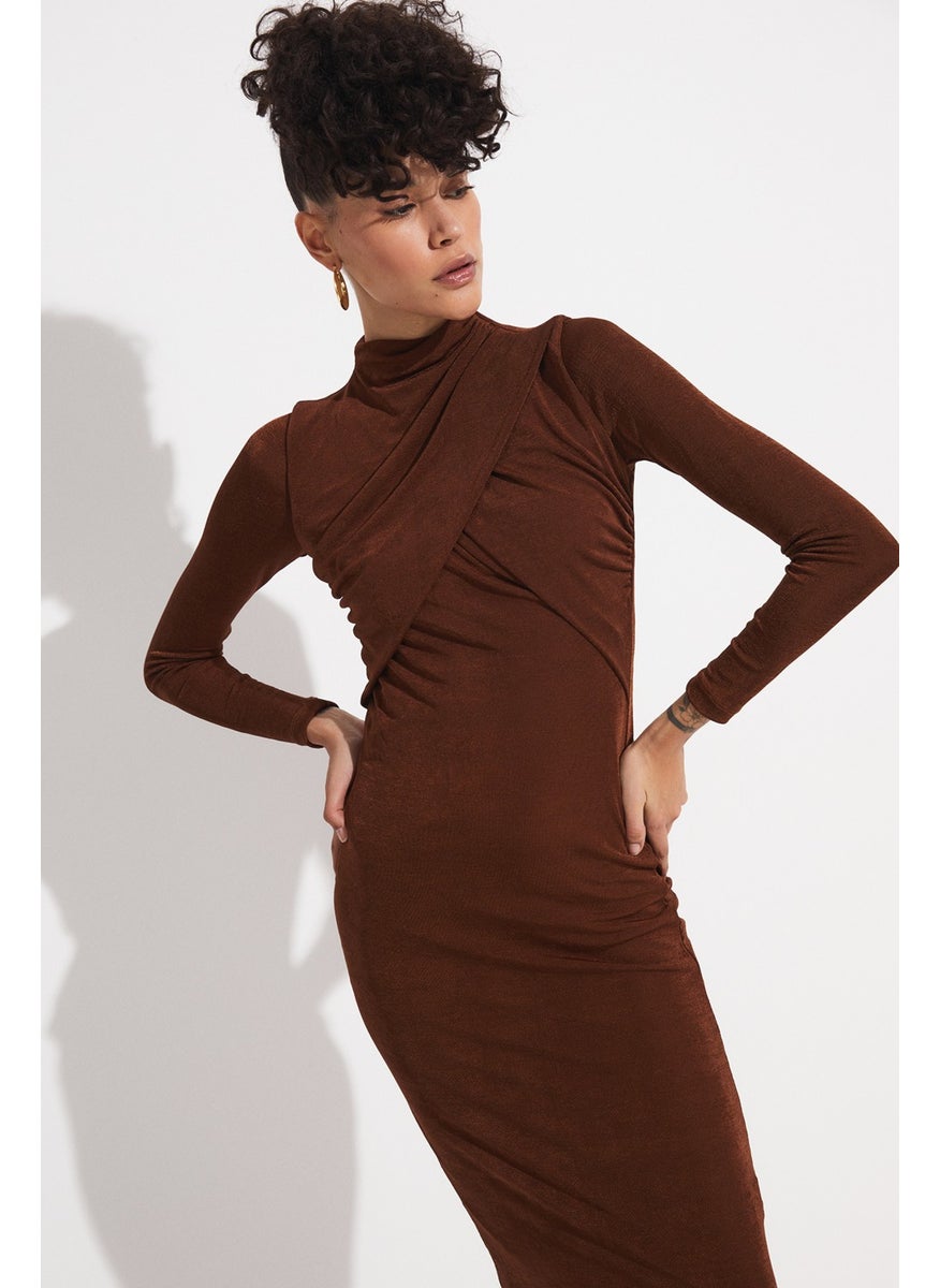 Women's Body-Smoothing Drape Detailed High Neck Midi Dress