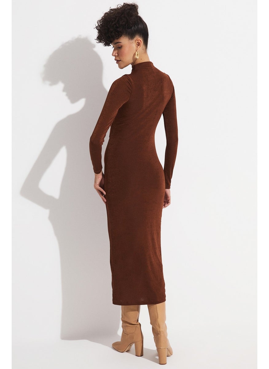 Women's Body-Smoothing Drape Detailed High Neck Midi Dress