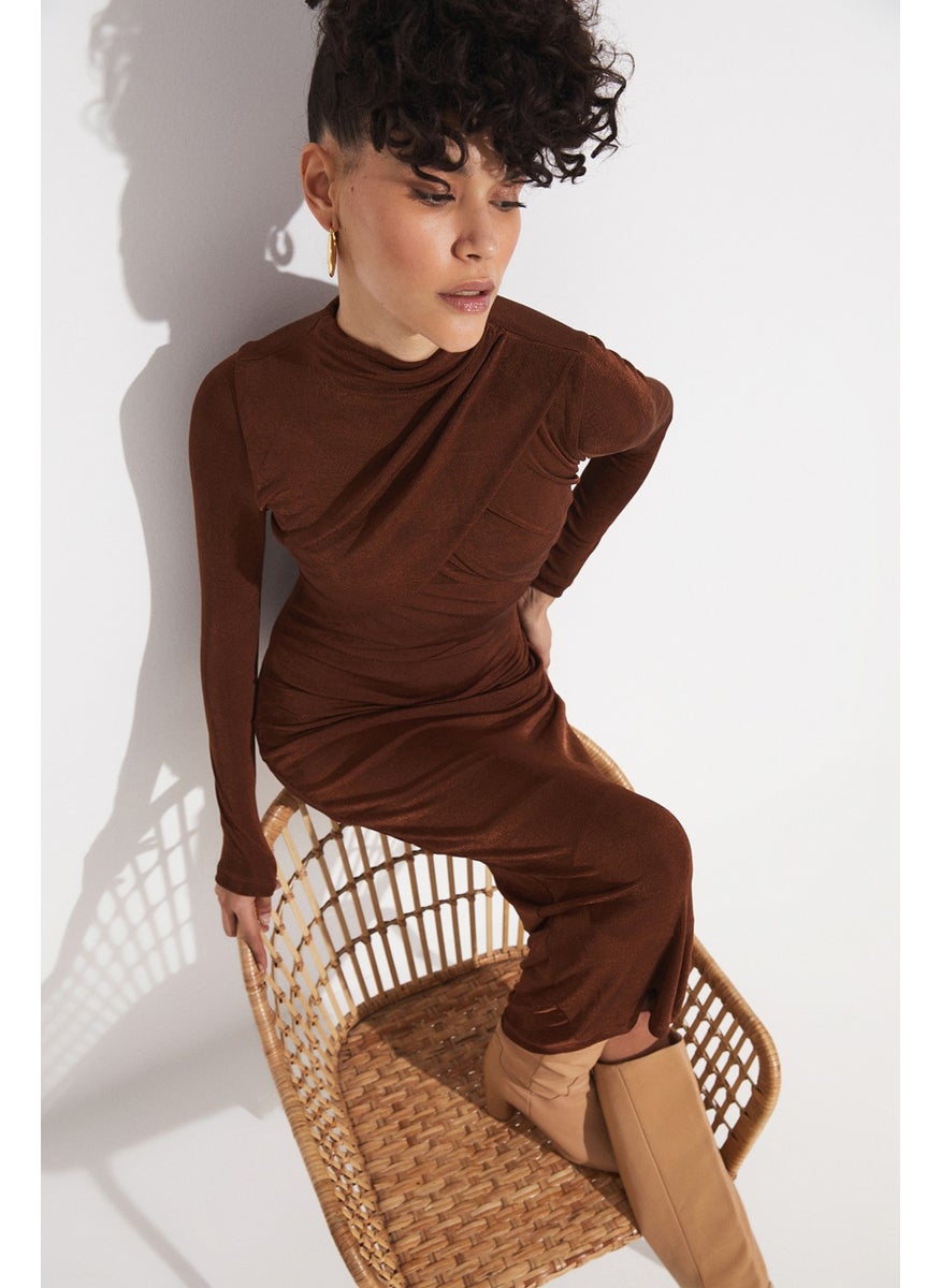 Women's Body-Smoothing Drape Detailed High Neck Midi Dress