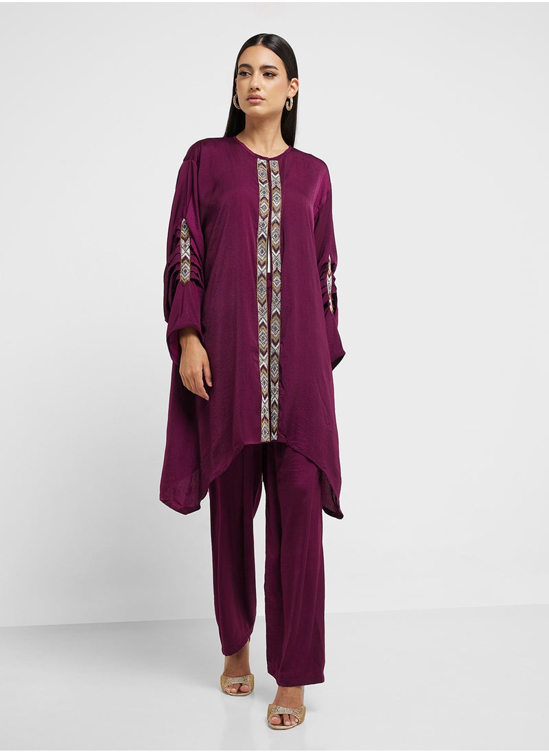 Embroidered Sleeve Top & High Waist Pants