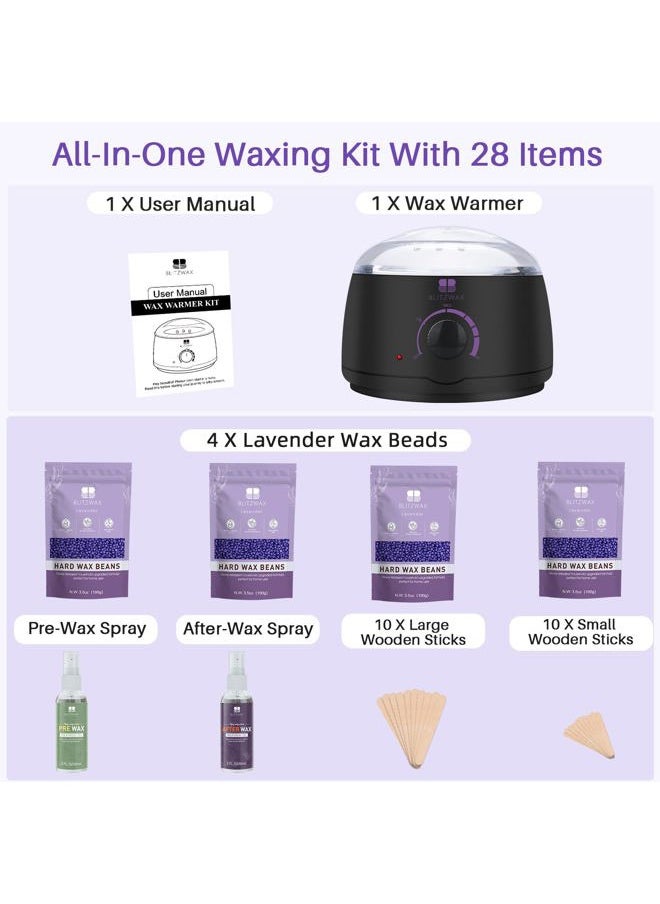 Brazilian and Bikini Waxing Kit for Women, Hard Wax Warmer for Face, Legs, and Body, At Home Hair Removal Kit, Beginner Friendly, Quick Heating, 28 Accessories