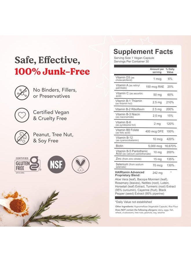 HAIRtamin Advanced Formula Hair Vitamins for Women & Men | Clean, Vegan 5000 Mcg Biotin Capsules Vitamin Supplement | Hair Skin and Nail Capsule Supplement to Promote Growth & Thickness | 90 Count