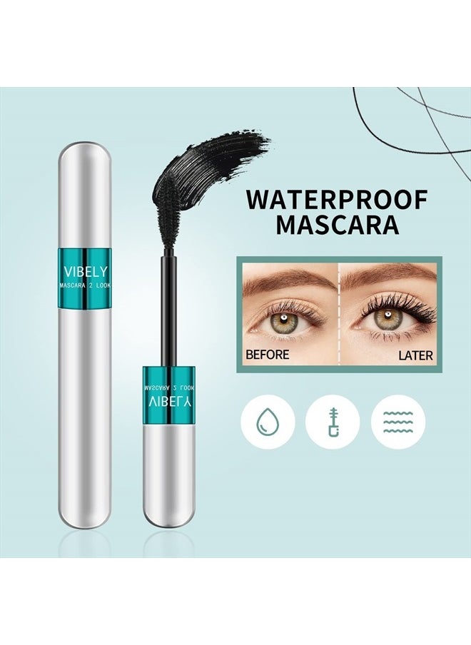 2 in 1 Mascara 5x Longer Waterproof Lash Cosmetics Natural Lengthening and Thickening Effect No Clumping Superstrong Magic 4d Silk Fiber