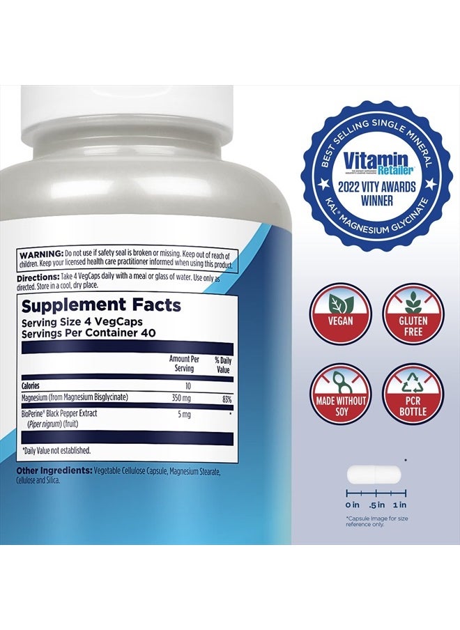 Magnesium Glycinate Capsules, Fully Chelated Magnesium Bisglycinate, High Absorption Magnesium Supplement, Healthy Bones, Muscle, Relaxation and Stress Support, Non-GMO 160 count