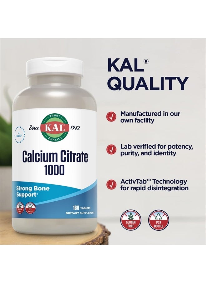 Calcium Citrate 1000mg, Calcium Supplements for Women and Men, Bone Health, Teeth, Nervous, Muscular & Cardiovascular System Support, Gluten Free and Lab Verified, 60 Servings, 180 Tablets