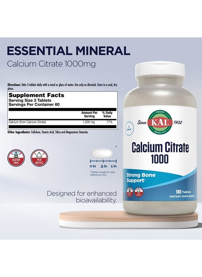 Calcium Citrate 1000mg, Calcium Supplements for Women and Men, Bone Health, Teeth, Nervous, Muscular & Cardiovascular System Support, Gluten Free and Lab Verified, 60 Servings, 180 Tablets