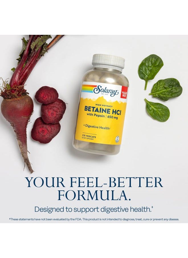 Solaray High Potency Betaine HCL with Pepsin - Hydrochloric Acid Supplement for Digestive Health - with Betaine Hydrochloride and Digestive Enzymes - Gut Health Support - 60-Day Guarantee, 275 VegCaps