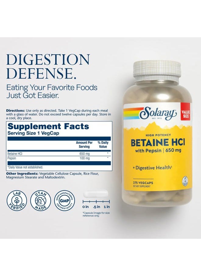 Solaray High Potency Betaine HCL with Pepsin - Hydrochloric Acid Supplement for Digestive Health - with Betaine Hydrochloride and Digestive Enzymes - Gut Health Support - 60-Day Guarantee, 275 VegCaps