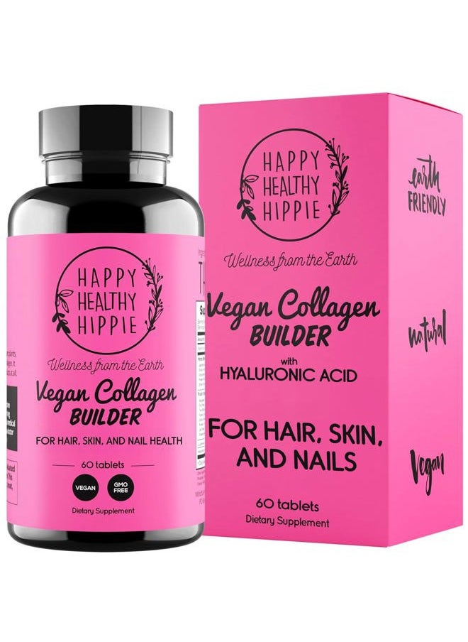 Vegan Collagen Builder w/ Hyaluronic Acid – Hair Skin and Nails Vitamins for Youthful Glow | Keratin & Elastin Booster | Bones, Cartilage, Tendons | Vitamin A, L-Lysine | Vegetarian | Non-GMO, 60 Ct