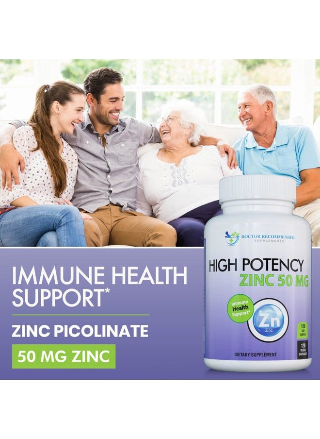 Zinc 50mg - Zinc Picolinate Immune Health Support Supplement 120 Veggie Capsules for Adults and Kids Vitamin, Well-Absorbed High Potency Pure Zinc Supplements - 50mg Per Serving