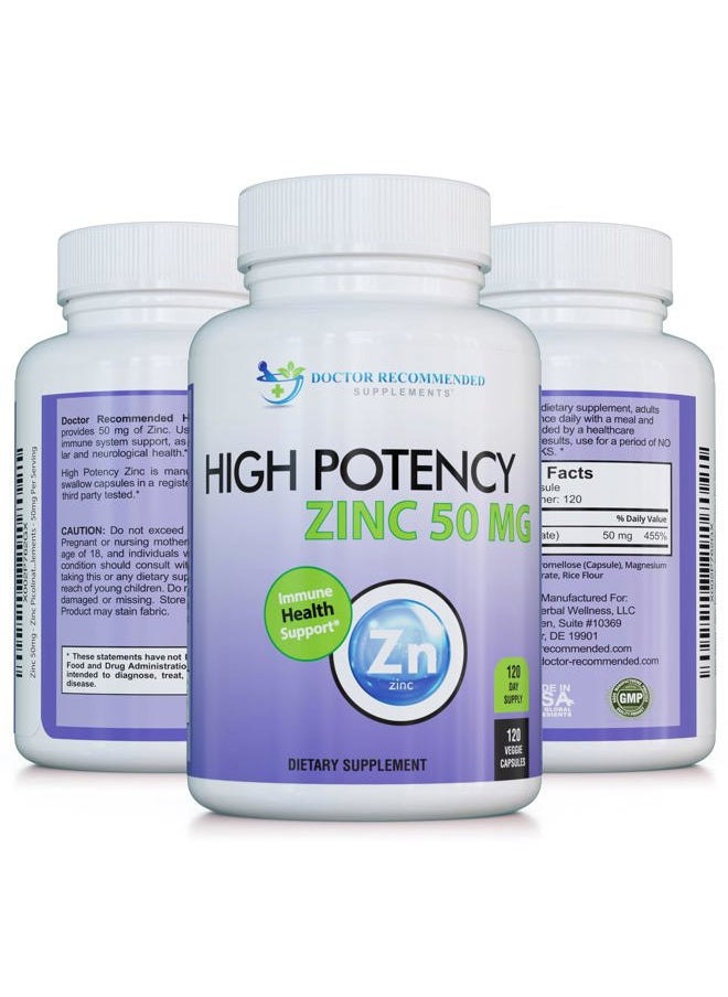 Zinc 50mg - Zinc Picolinate Immune Health Support Supplement 120 Veggie Capsules for Adults and Kids Vitamin, Well-Absorbed High Potency Pure Zinc Supplements - 50mg Per Serving