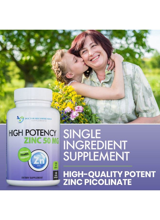 Zinc 50mg - Zinc Picolinate Immune Health Support Supplement 120 Veggie Capsules for Adults and Kids Vitamin, Well-Absorbed High Potency Pure Zinc Supplements - 50mg Per Serving